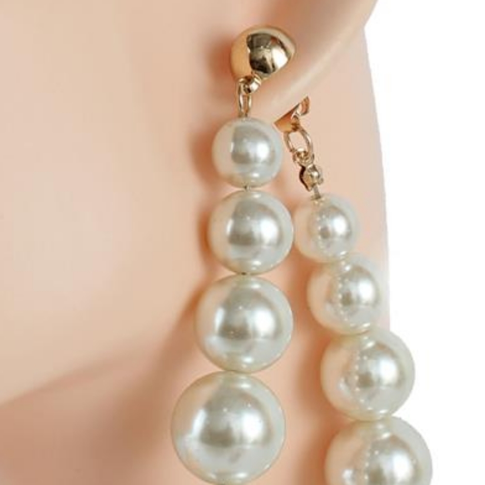 Large Cream Ball Pearl Hoop Earrings 3.25" Beaded Jewelry Cluster Big Teardrop - Picture 2 of 2